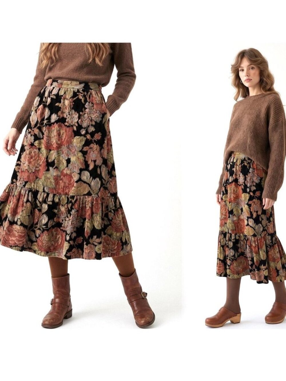 70s Strawberry Plant Velvet Floral Skirt Dorothy Schoelen Midi Ruffle Hem XS